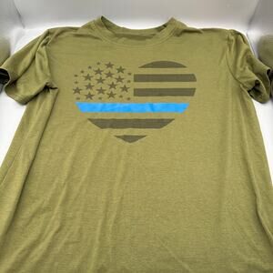 Thin Blue Line Heart T-shirt Women’s Size L Dark Green distressed American Flag